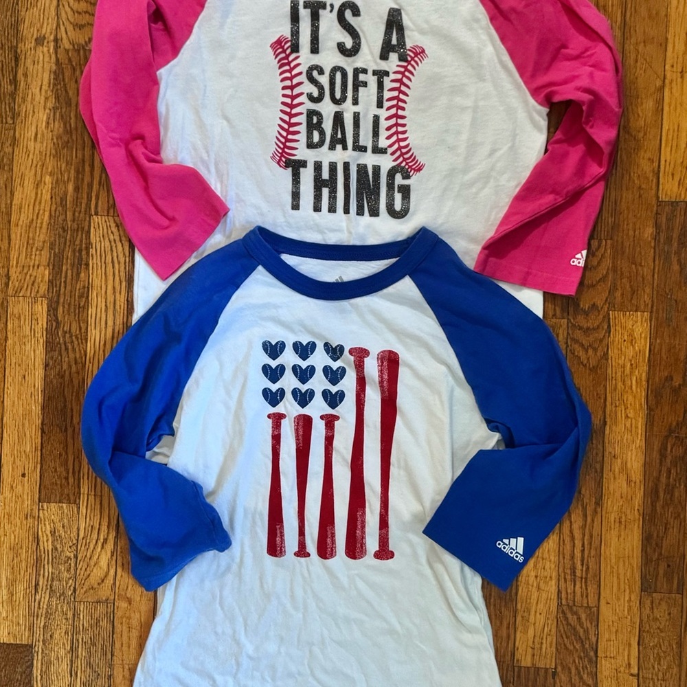 Adidas‎ Kids Softball Baseball Shirts Bundle – Pink L & Blue M Raglan - Lot of 2